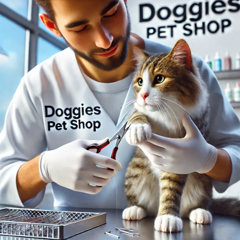 Texte alternatif (Français) : Un employé de Doggies nettoie les oreilles et coupe les griffes d'un chat. Texte alternatif (Vietnamien) : Nhân viên Doggies đang vệ sinh tai và cắt móng cho mèo. Texte alternatif (Anglais) : Doggies employee cleaning a cat's ears and trimming its nails.