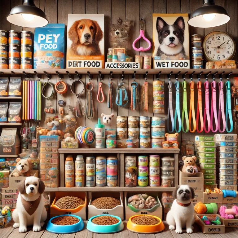 Texte alternatif (Français) : Produits pour animaux, y compris nourriture, accessoires et jouets, à Doggies Shop. Texte alternatif (Vietnamien) : Sản phẩm thức ăn, phụ kiện và đồ chơi cho thú cưng tại Doggies Shop. Texte alternatif (Anglais) : Pet food, accessories, and toys displayed at Doggies Shop.