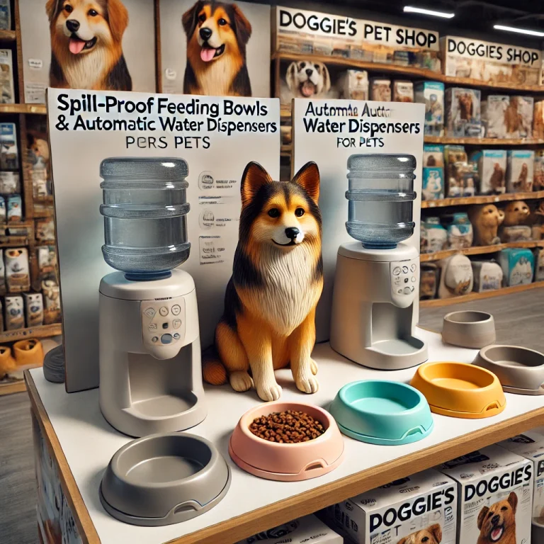 Texte alternatif (Vietnamese): Bát ăn chống tràn và bình nước tự động cho thú cưng tại Doggies Pet Shop. Texte alternatif (English): Spill-proof feeding bowls and automatic water dispensers for pets at Doggies Pet Shop. Texte alternatif (French): Gamelles anti-débordement et distributeurs automatiques d'eau pour animaux chez Doggies Pet Shop.