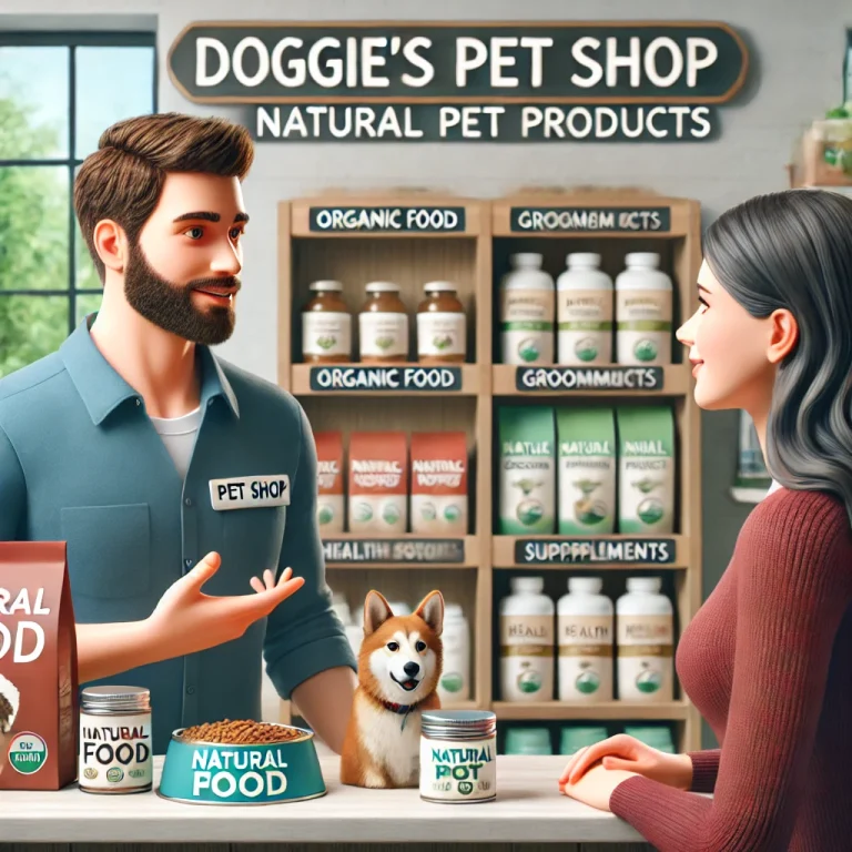 Nhân viên Doggies Pet Shop tư vấn cho khách hàng về các sản phẩm tự nhiên như thức ăn hữu cơ, sản phẩm chăm sóc và thực phẩm chức năng, với các kệ sản phẩm ở phía sau