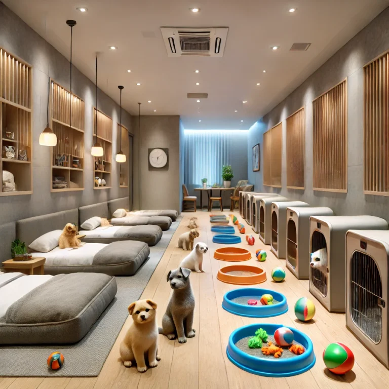 Phòng nghỉ với nệm êm, khu vui chơi và đồ chơi cho chó mèo tại khách sạn thú cưng