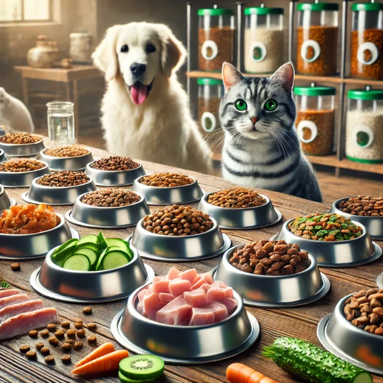 Bữa ăn cân đối và an toàn vệ sinh cho thú cưng, gồm thịt, rau và ngũ cốc