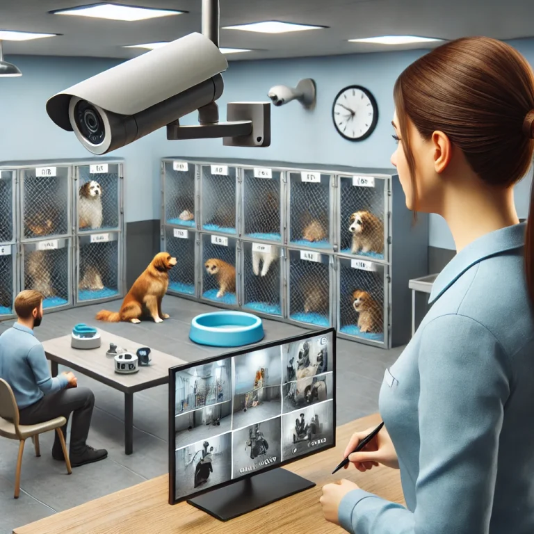 Nhân viên giám sát thú cưng bằng camera và hỗ trợ chăm sóc