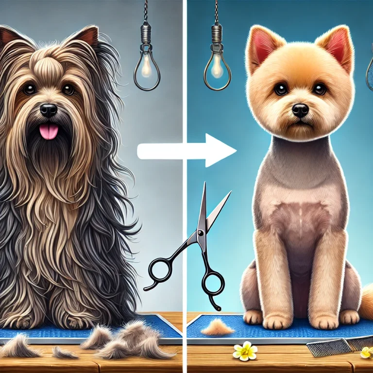 Minh họa một chú chó hoặc mèo trước và sau khi tỉa lông tại Doggies