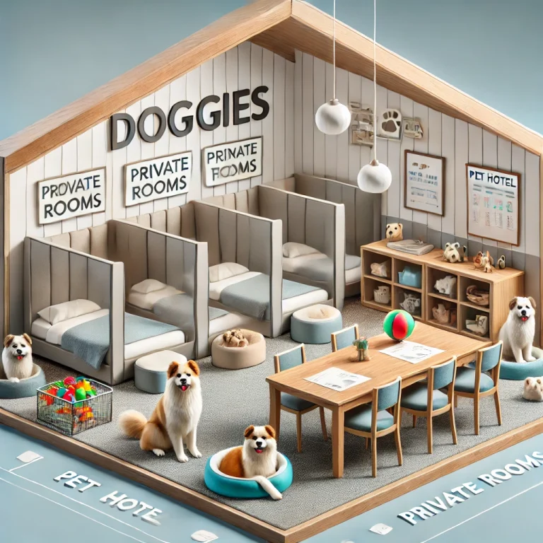 Minh họa không gian khách sạn tại Doggies với các phòng riêng cho từng thú cưng