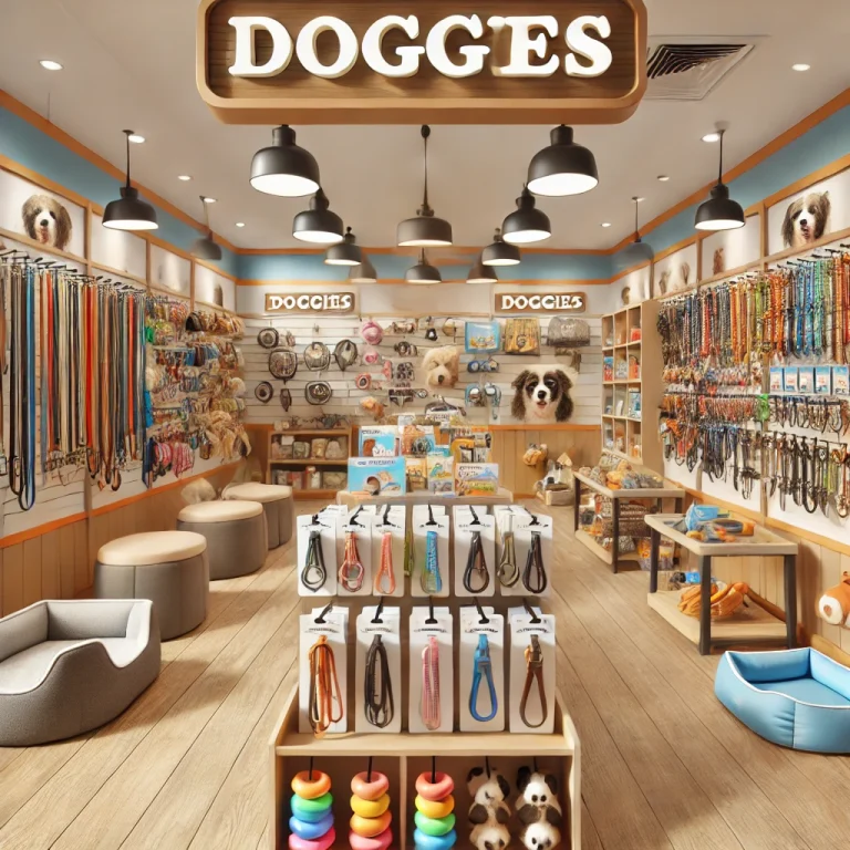 Français : "Illustration de l'espace d'exposition des accessoires et jouets pour animaux chez Doggies" Anglais : "Illustration of pet accessories and toys display area at Doggies" Vietnamien du Sud : "Minh họa khu trưng bày phụ kiện và đồ chơi cho thú cưng tại Doggies"