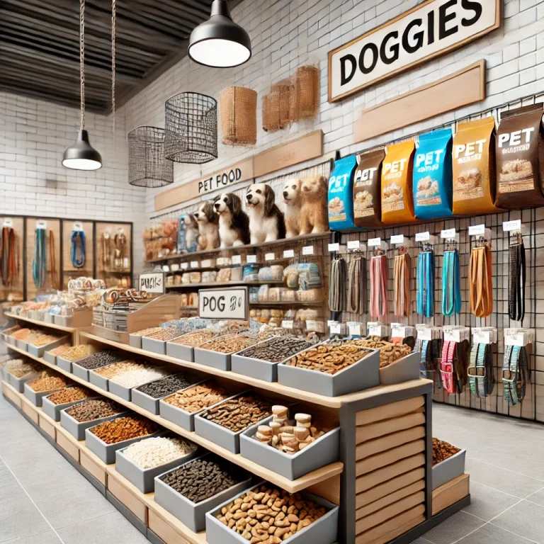 Français : "Illustration de l'espace d'exposition des accessoires et jouets pour animaux chez Doggies" Anglais : "Illustration of pet accessories and toys display area at Doggies" Vietnamien du Sud : "Minh họa khu trưng bày phụ kiện và đồ chơi cho thú cưng tại Doggies"