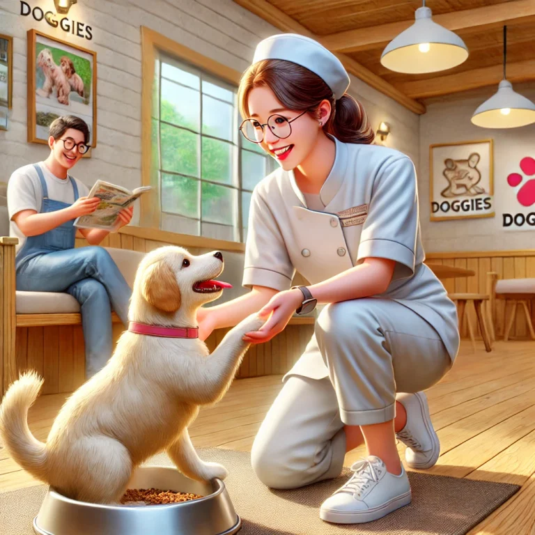 Minh họa nhân viên chăm sóc đang chơi với thú cưng tại Doggies