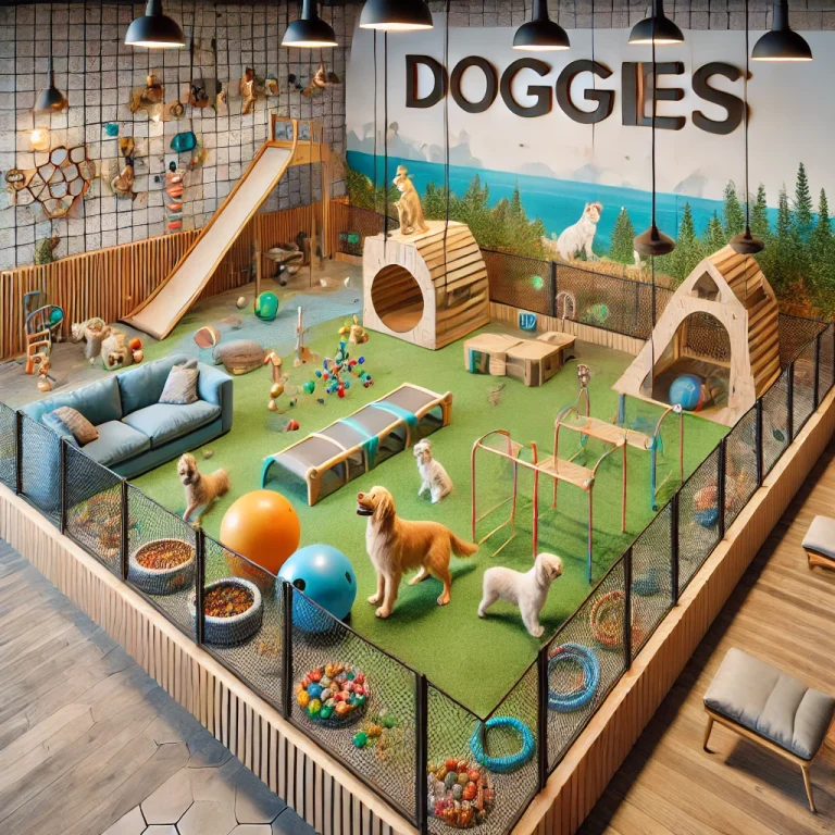 Minh họa khu vui chơi với các đồ chơi và khu vực giải trí cho chó mèo tại Doggies