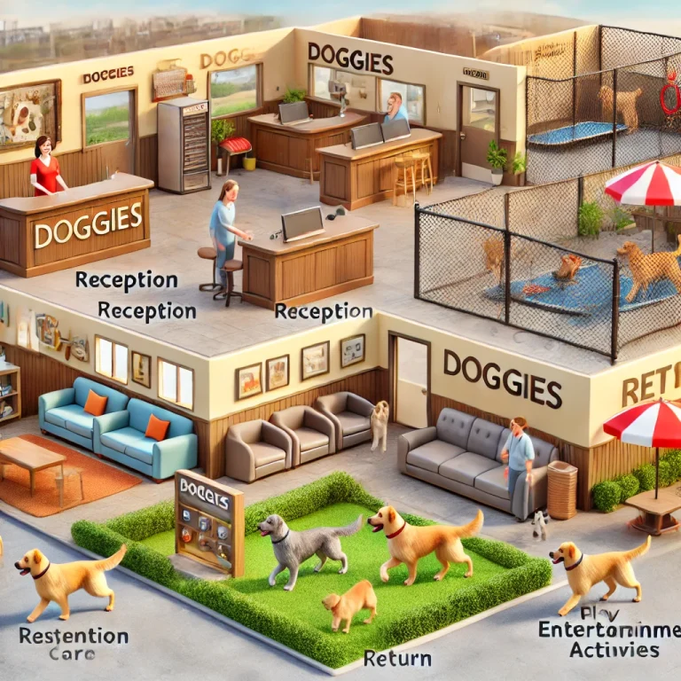 Minh họa quy trình chăm sóc thú cưng tại Doggies từ khi đón nhận đến khi trả về