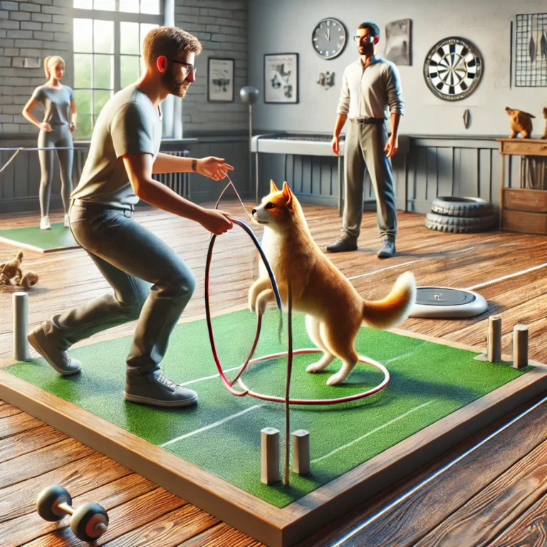 Minh họa huấn luyện viên Doggies thực hiện bài tập với một chú chó hoặc mèo