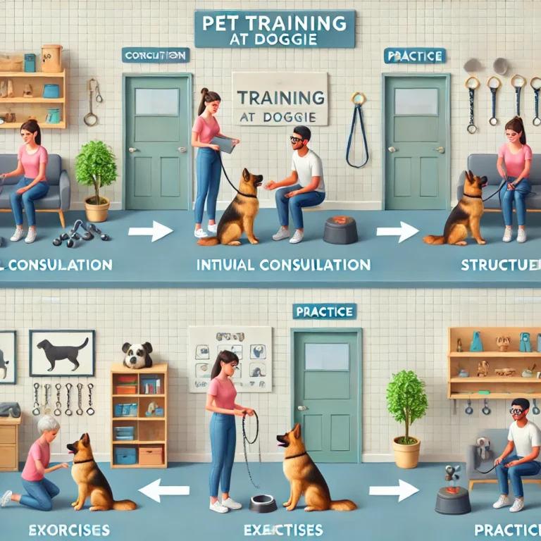 Minh họa các bước huấn luyện thú cưng từ tư vấn đến thực hành tại Doggies