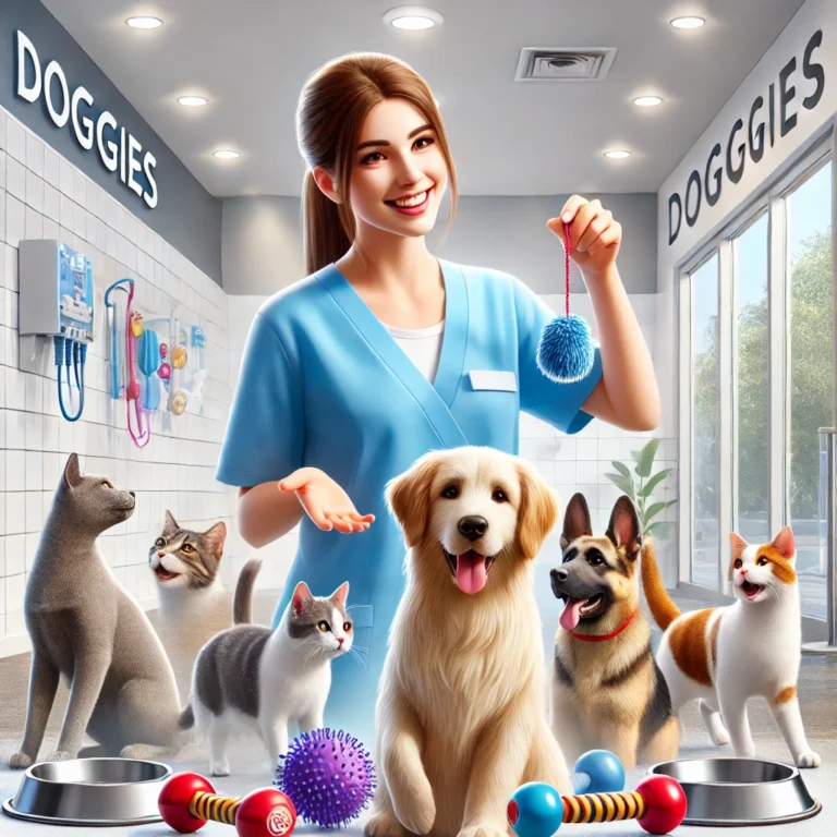 Minh họa nhân viên Doggies chơi đùa với chó mèo