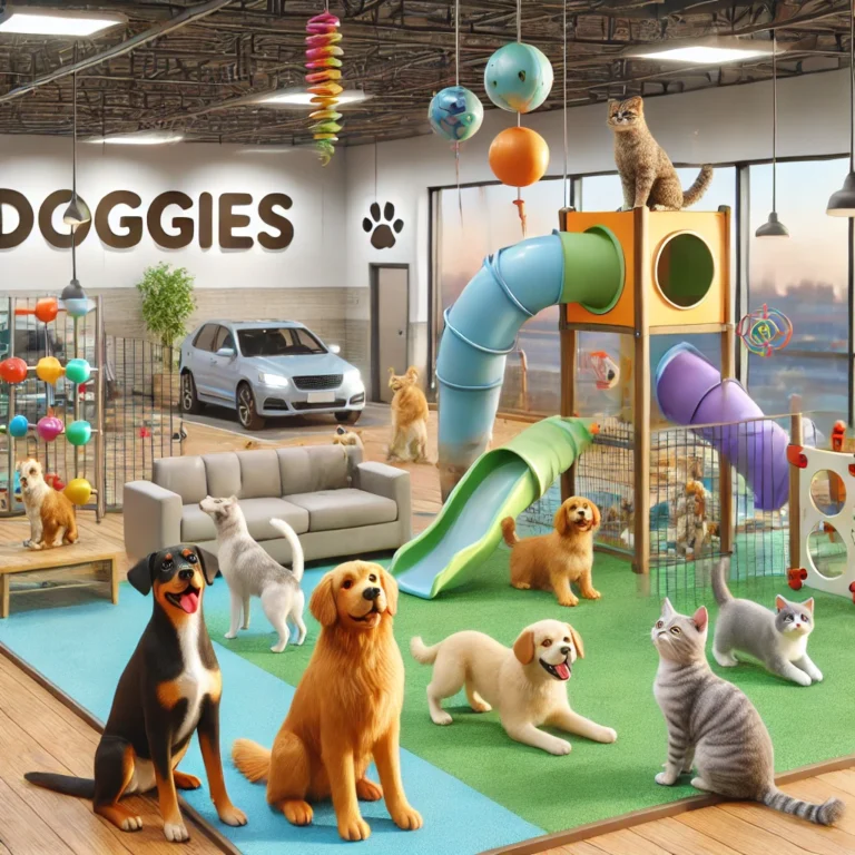Minh họa chó mèo vui chơi trong khu vực giải trí tại Doggies