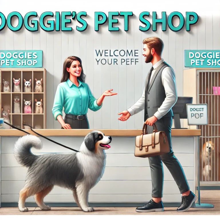 Minh họa khách hàng đưa thú cưng đến gửi tại Doggies Pet Shop