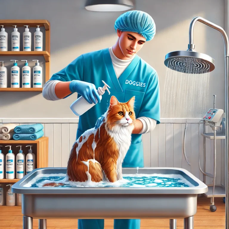 Minh họa nhân viên Doggies tắm và vệ sinh lông mèo