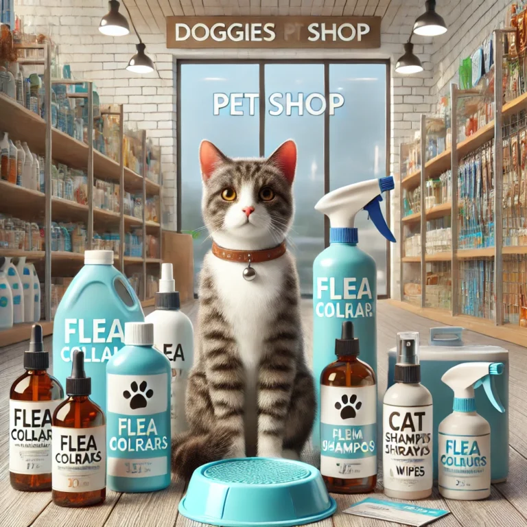 Minh họa vòng cổ bọ chét và sản phẩm vệ sinh cho mèo tại Doggies