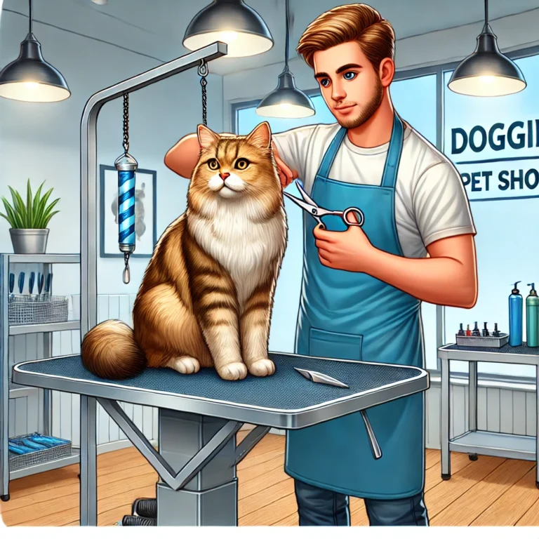 Minh họa quy trình cắt tỉa lông mèo tại Doggies Pet Shop