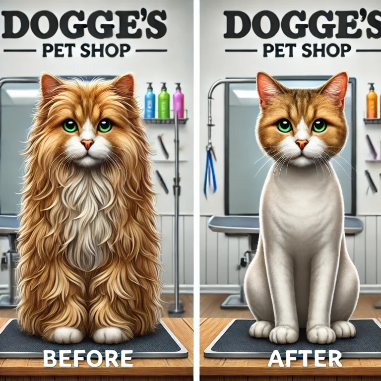 Minh họa mèo trước và sau khi cắt lông tại Doggies Pet Shop