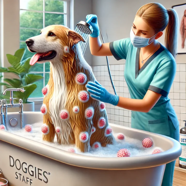Minh họa nhân viên Doggies tắm và chăm sóc chó bị viêm da