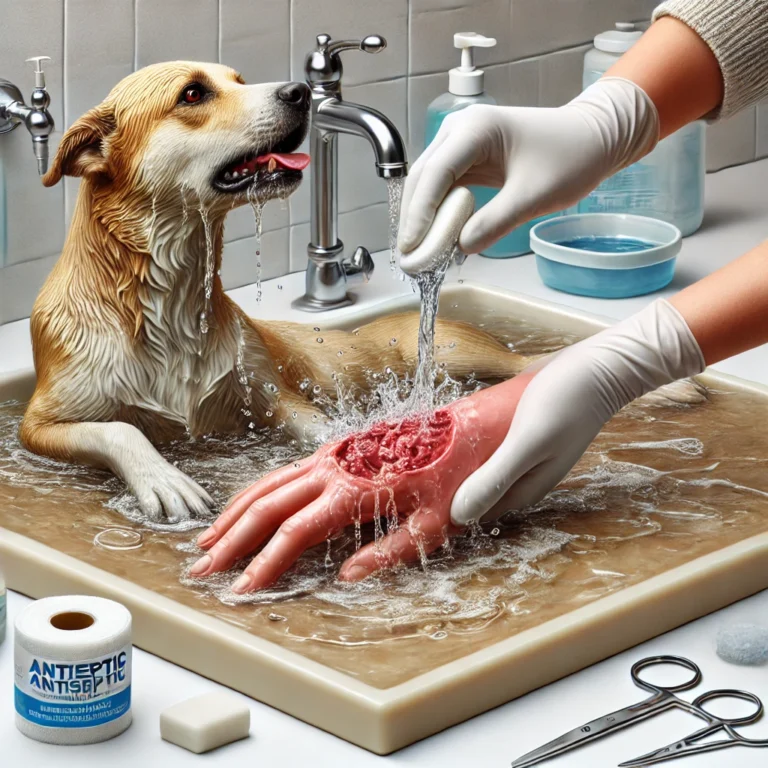 Hình ảnh minh họa người rửa sạch vết thương sau khi bị chó cắn bằng nước và xà phòng.