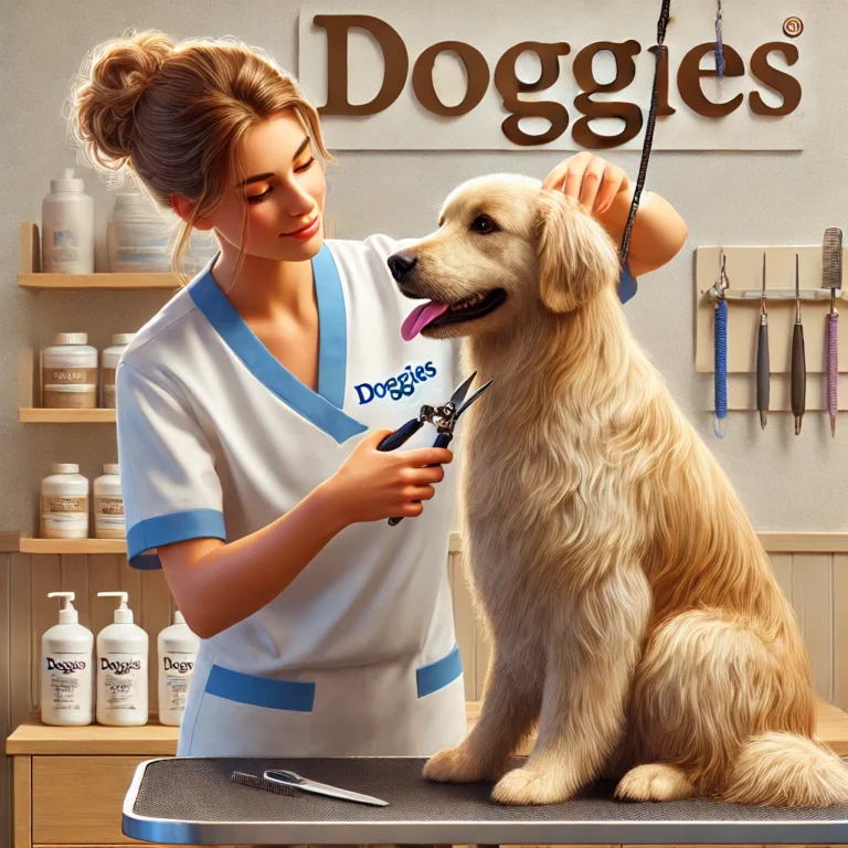 Nhân viên Doggies đang cắt tỉa lông cho một chú chó trong không gian sạch sẽ và chuyên nghiệp.