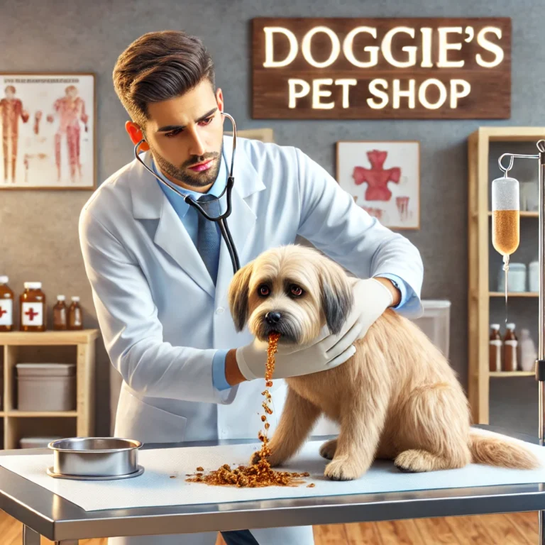 Bác sĩ thú y tại Doggies Pet Shop đang kiểm tra chó bị ói trên bàn khám sạch sẽ.