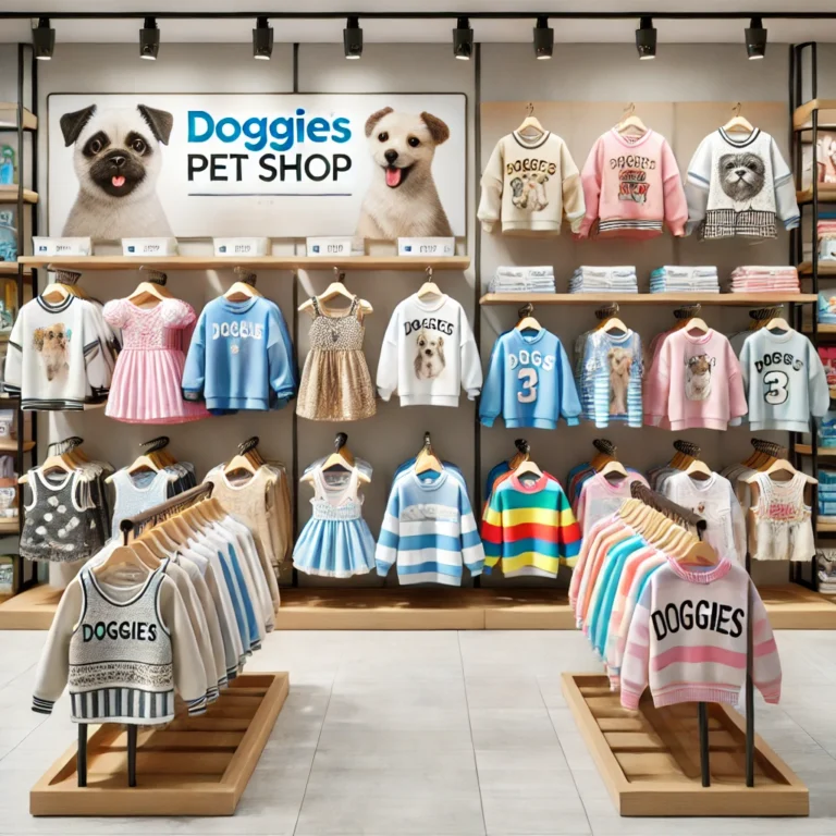 Các loại quần áo cho thú cưng như áo thun, áo len và váy được trưng bày tại Doggies.
