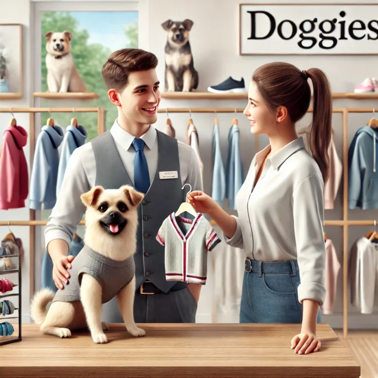 Hình ảnh nhân viên Doggies hỗ trợ khách hàng chọn quần áo cho thú cưng.