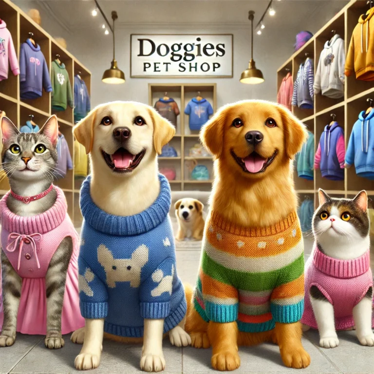 Chó mèo mặc quần áo mới đầy màu sắc và phong cách từ Doggies, trông vui vẻ và hạnh phúc.
