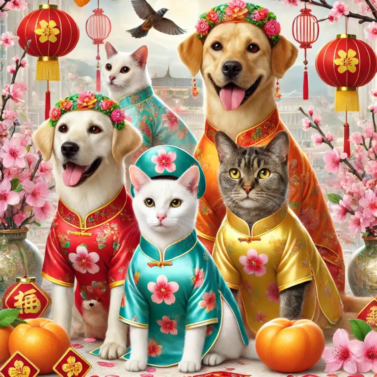 Chó mèo mặc áo dài truyền thống, xung quanh là các món đồ trang trí Tết.