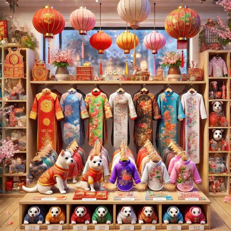 Quần áo Tết cho chó mèo, bao gồm áo dài màu sắc và phụ kiện lễ hội.