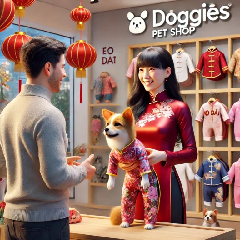Nhân viên Doggies hỗ trợ khách hàng chọn áo dài cho thú cưng, xung quanh là trang trí Tết.