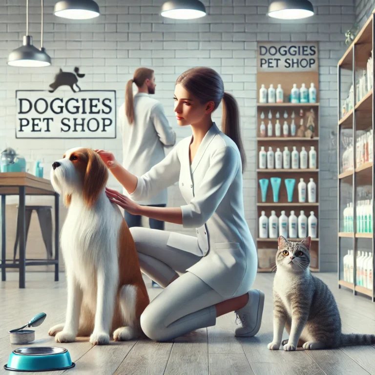 Nhân viên Doggies Pet Shop chăm sóc một chú chó trong khi một chú mèo thư giãn gần đó.