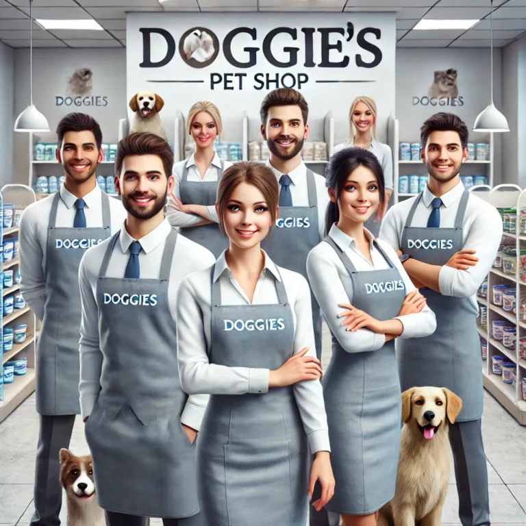 Hình ảnh đội ngũ nhân viên chuyên nghiệp tại Doggies Pet Shop, tạo dáng trong không gian sạch sẽ và gọn gàng.