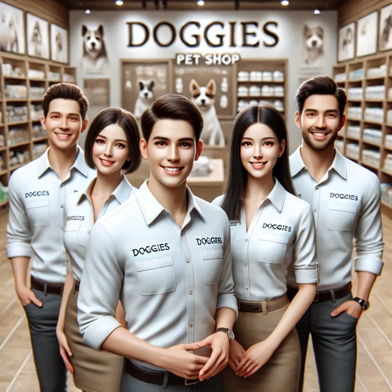 Hình ảnh đội ngũ nhân viên thân thiện tại Doggies Pet Shop trong không gian thân thiện.