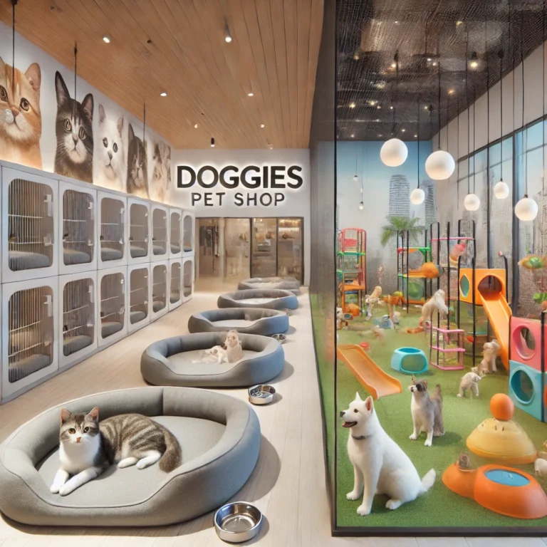 Hình ảnh các phòng nghỉ thoải mái và khu vui chơi tương tác cho thú cưng tại Doggies Pet Shop.