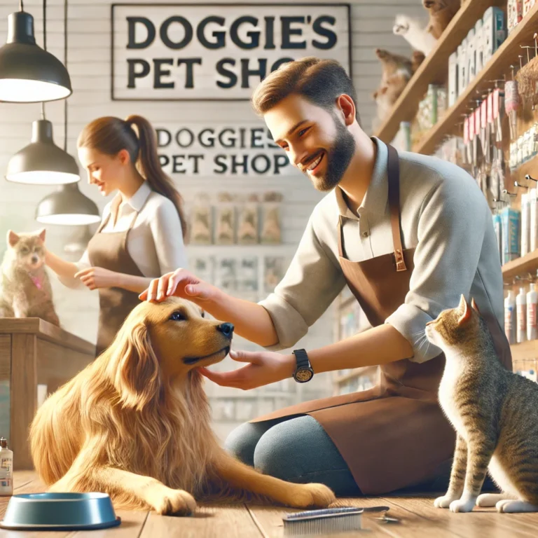 Nhân viên Doggies chăm sóc một chú chó trong khi một nhân viên khác chơi với mèo.