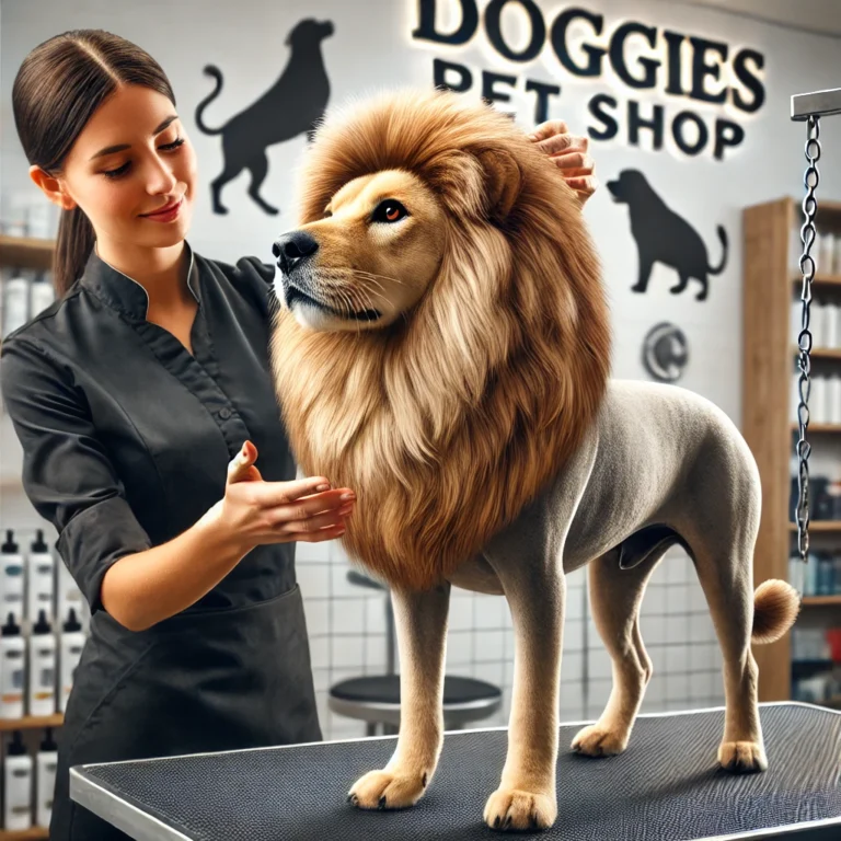 Hình ảnh chú chó được cắt lông kiểu sư tử tại Doggies Pet Shop.