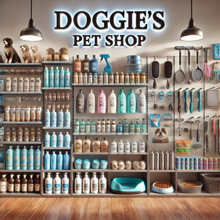 Hình ảnh các sản phẩm chăm sóc thú cưng như dầu gội, dụng cụ grooming và phụ kiện tại Doggies Pet Shop.