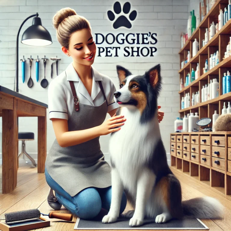 Hình ảnh nhân viên Doggies Pet Shop chăm sóc thú cưng tận tâm tại cửa hàng.