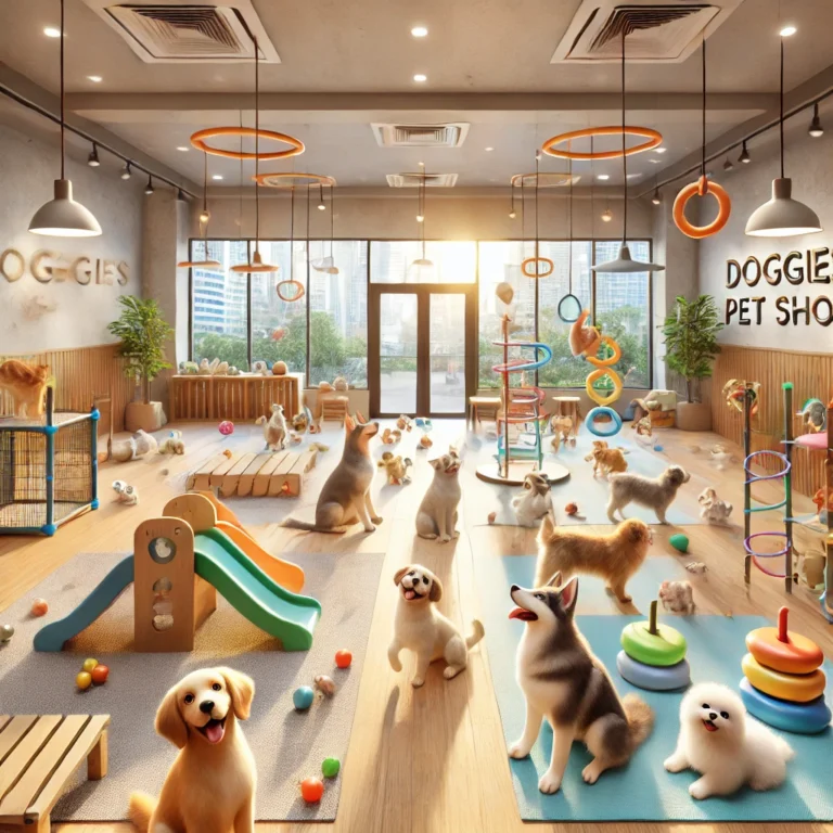 Hình ảnh chó mèo vui chơi trong không gian an toàn tại Doggies Pet Shop.