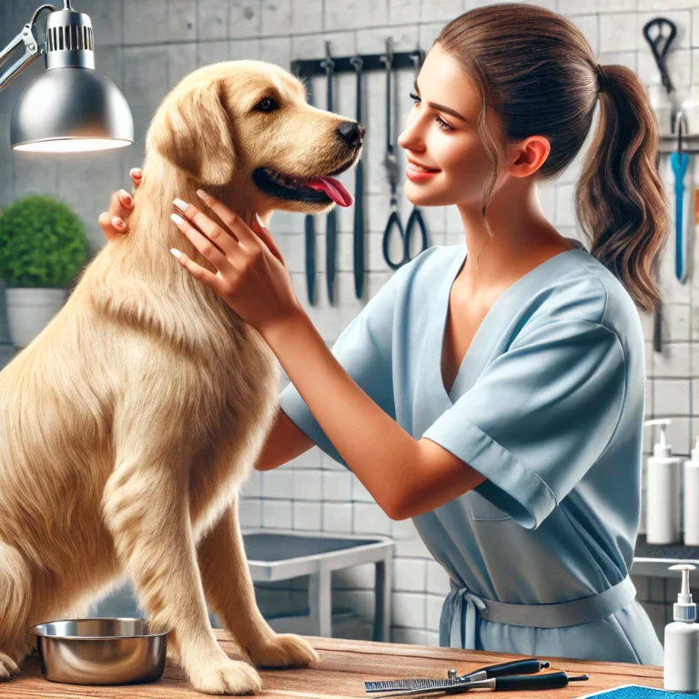 Hình ảnh nhân viên Doggies Pet Shop chăm sóc thú cưng tận tâm.