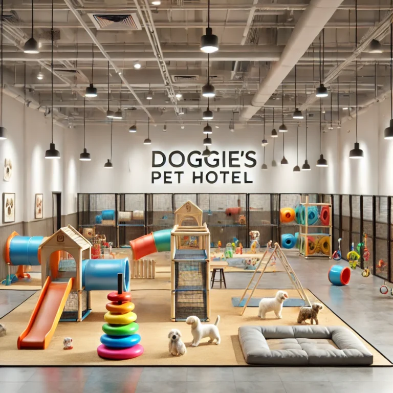 Hình ảnh khu vui chơi thú cưng tại Doggies Pet Hotel với trang thiết bị đầy màu sắc và an toàn.
