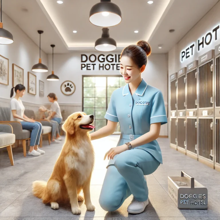 Hình ảnh nhân viên Doggies Pet Hotel chăm sóc thú cưng với sự tận tâm.