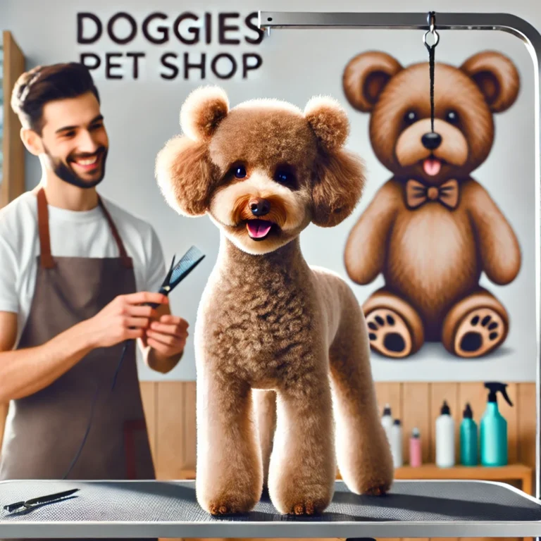 Hình ảnh chú Poodle dễ thương với kiểu tỉa lông Teddy Bear tại Doggies Pet Shop.