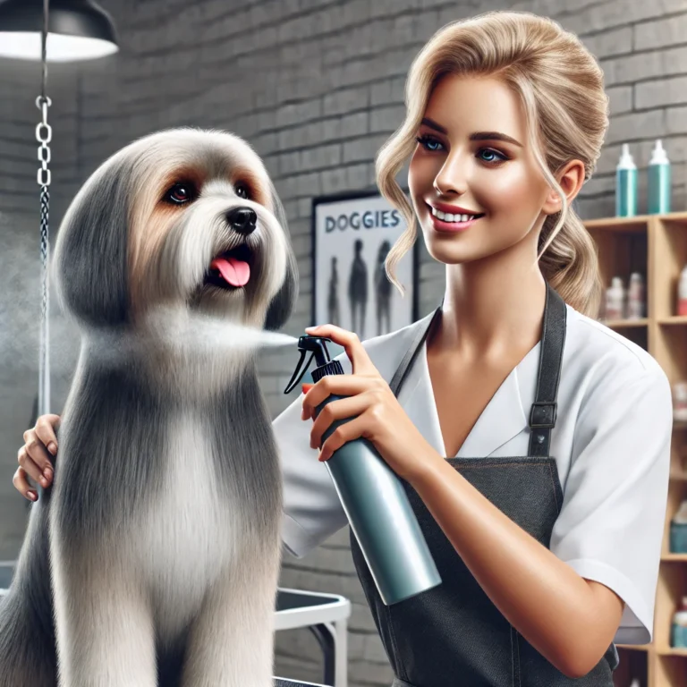 Hình ảnh groomer sử dụng xịt dưỡng cho chó sau buổi grooming tại Doggies Pet Shop.