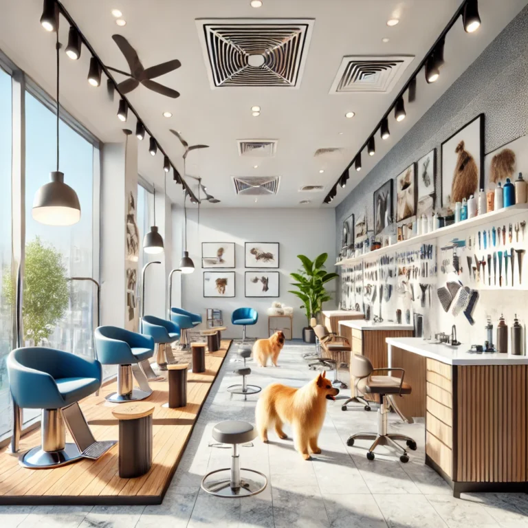 Hình ảnh không gian grooming hiện đại và gọn gàng tại Doggies Pet Shop.