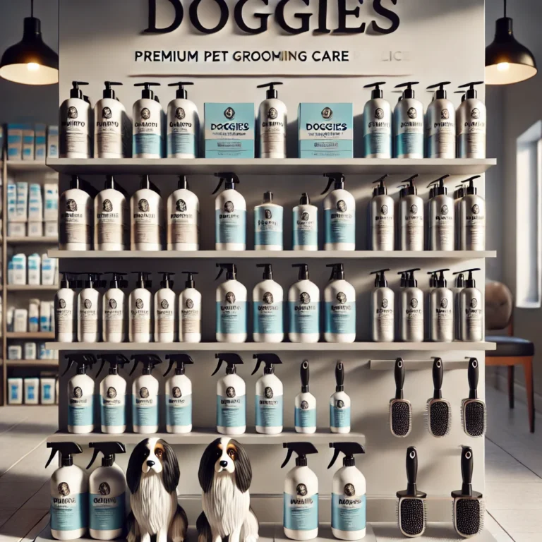 Các sản phẩm chăm sóc lông cao cấp được trưng bày tại DOGGIES Pet Shop.
