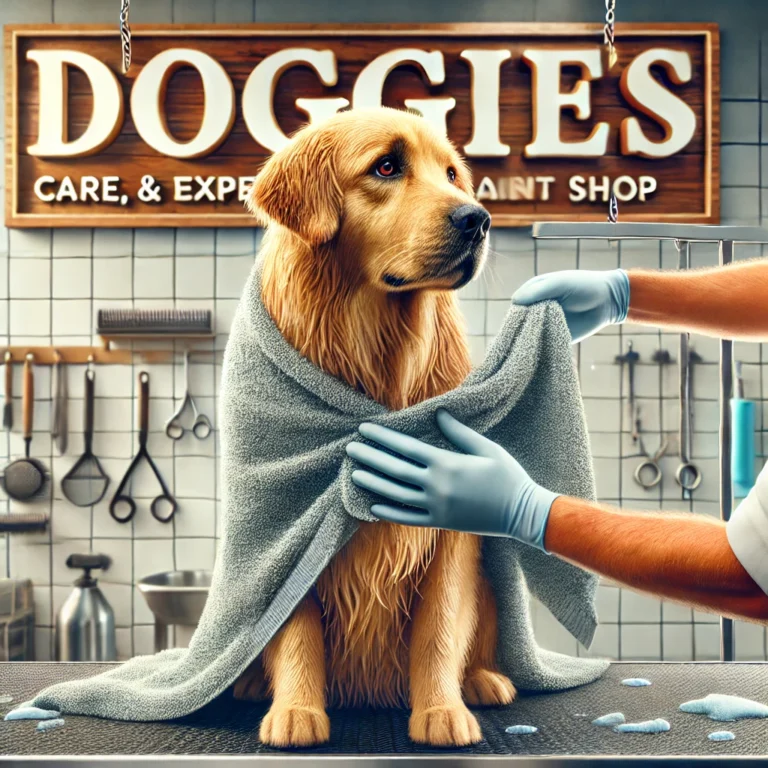 Chú chó được lau khô bằng khăn siêu thấm tại DOGGIES Pet Shop.